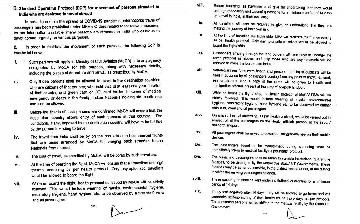 Standard Operating Protocol (SOP) for movement of persons stranded in India who are desirous to travel abroad